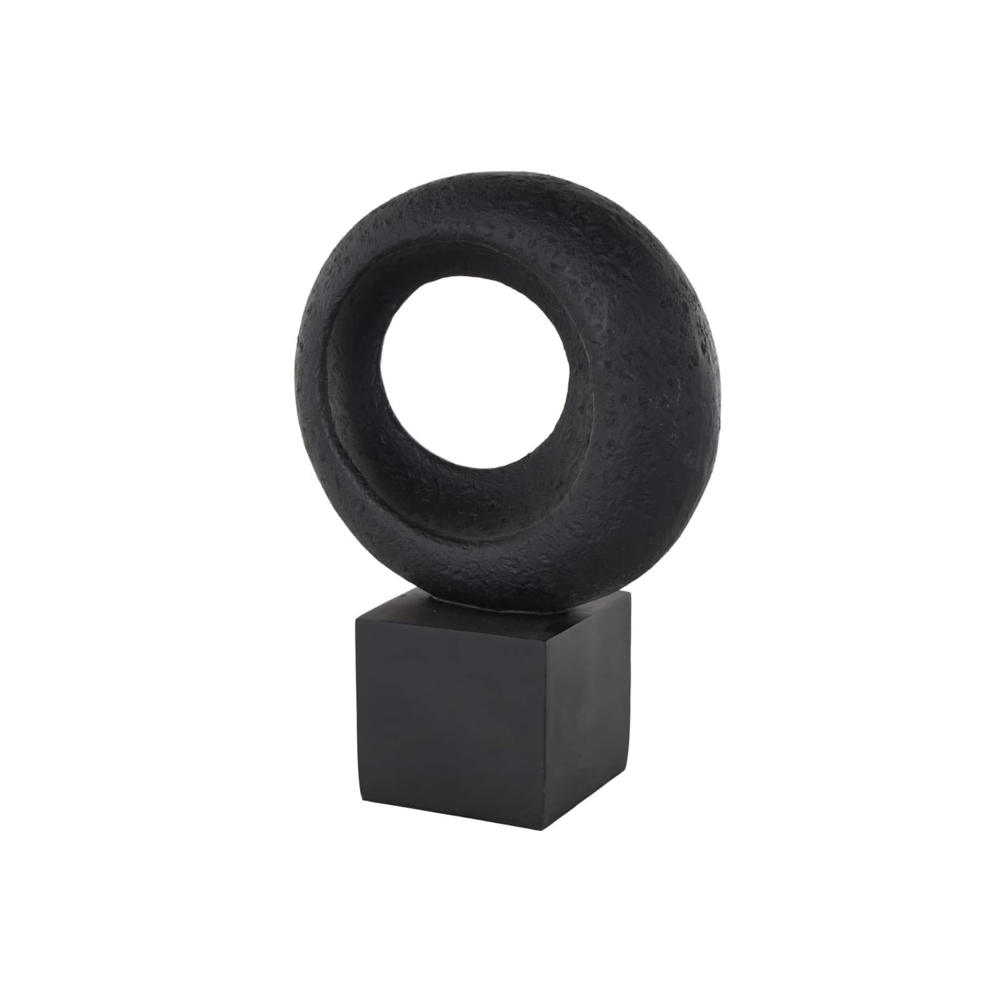 14.25" Black Polystone Geometric Textured Cutout Ring Sculpture with Block Base